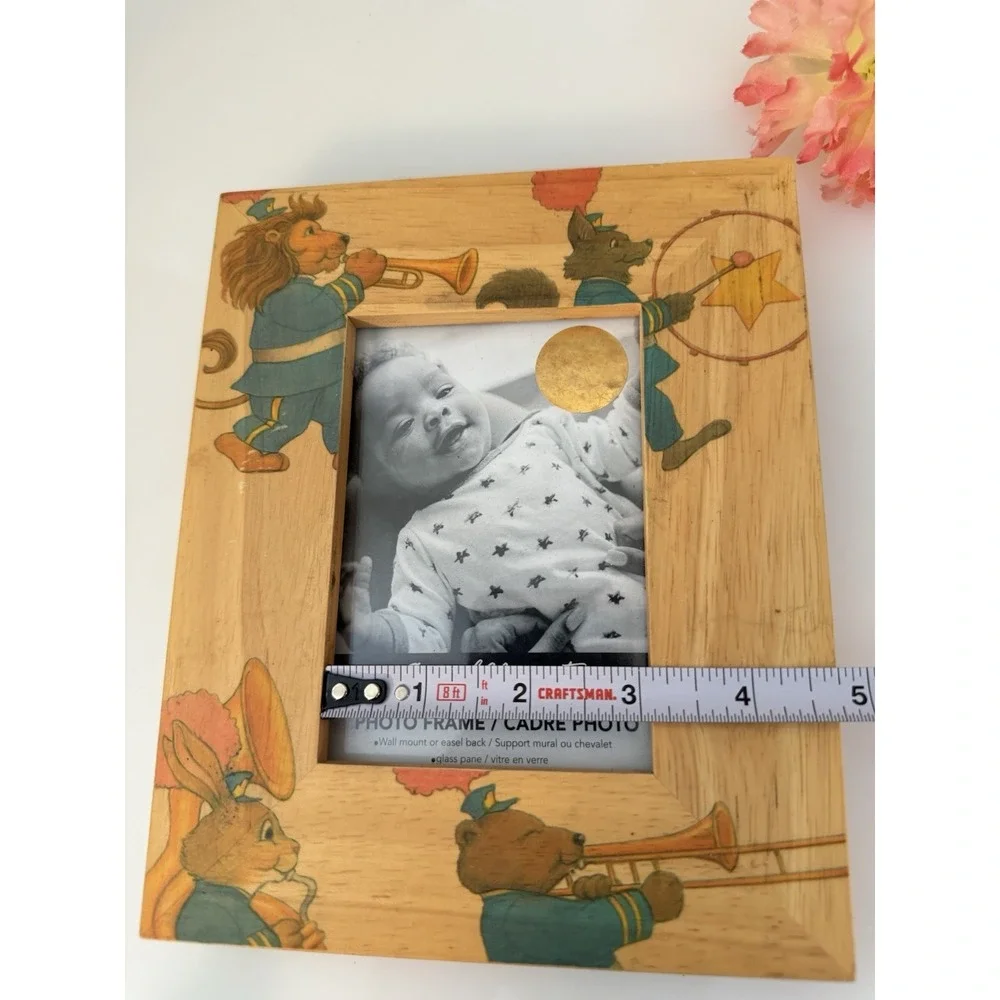 Vintage 80s Fetco Handcrafted Wooden Picture Frame With Animals Nursery Baby New